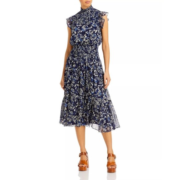 AQUA Floral Smocked Sleeveless Midi Dress - NWT Blue - Small - Picture 1 of 4